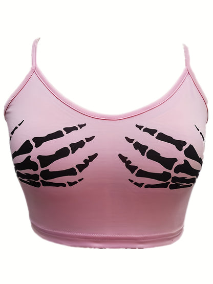 Women'S Sexy V-Neck Slingback Crop Top, Skull Hand Print, Knit Fabric, 95% Polyester 5% Spandex, All-Season, 180g/m², Polyester Knit Fabric, Sizes S-XL