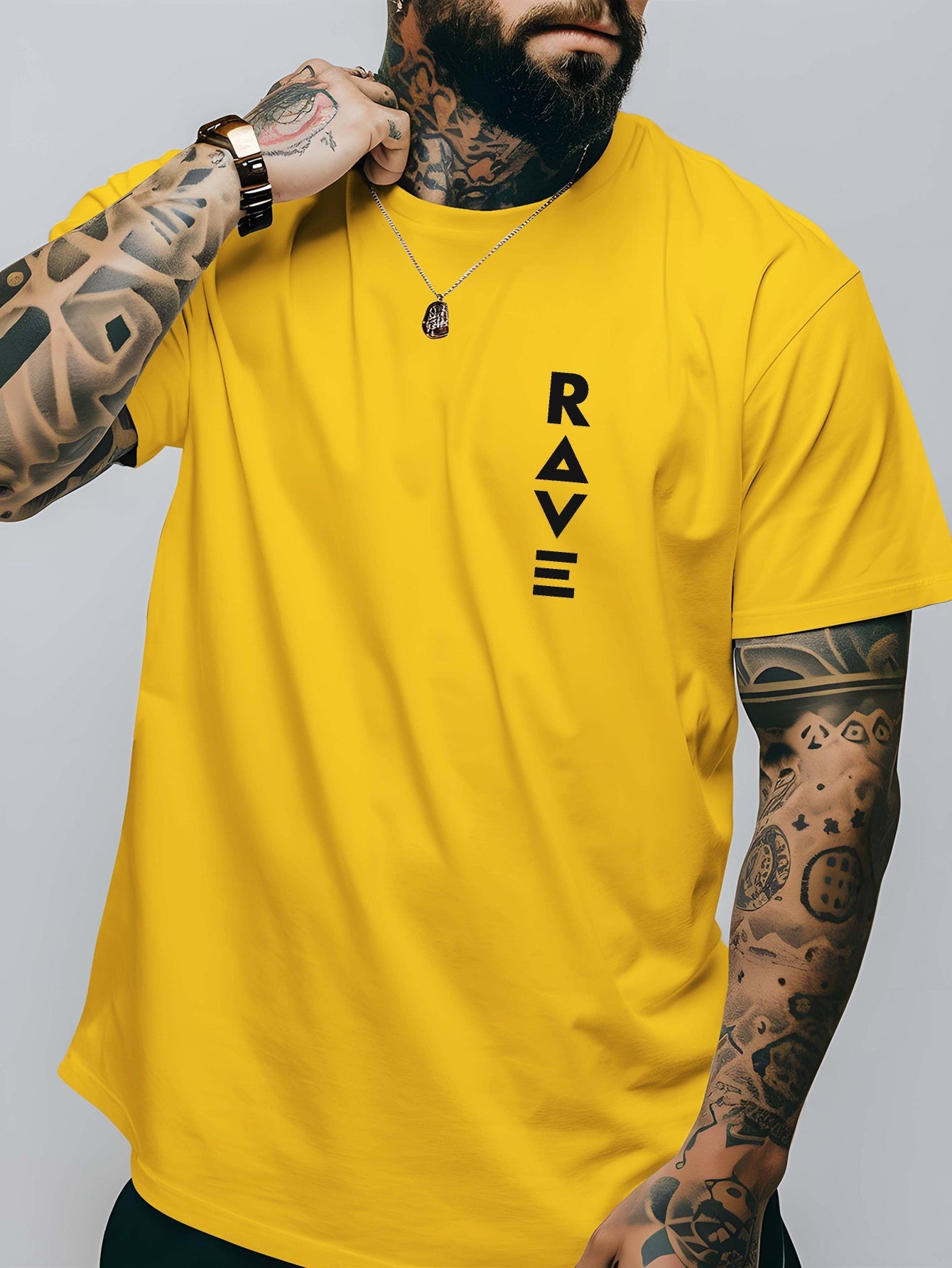R V Men's Short Sleeve T-Shirt - Vibrant Yellow with Bold RAVE Graphic Print, Breathable Round Neck Casual Top for Summer Beach Resorts & Outdoor Activities