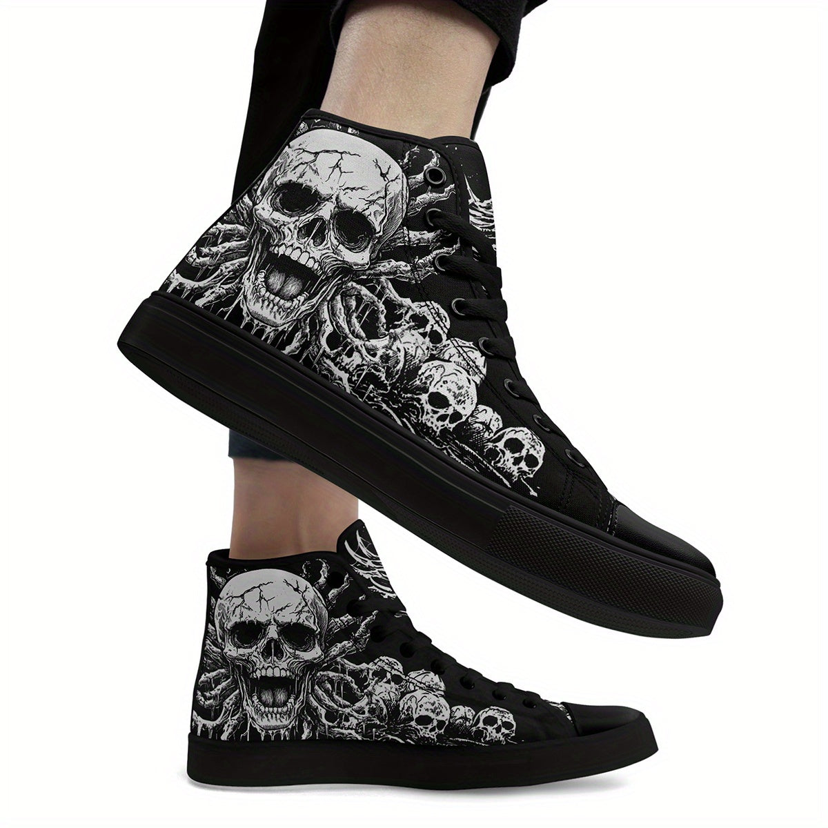 Men'S Plus Size Gothic Punk High-Top Sneakers with Skull Print, Black Casual Shoes for Streetwear & Everyday Comfort, Lace-Up Round Toe Design, Rubber Sole, Fabric Upper, Perfect for Parties, Concerts & Daily Wear, Everyday C
