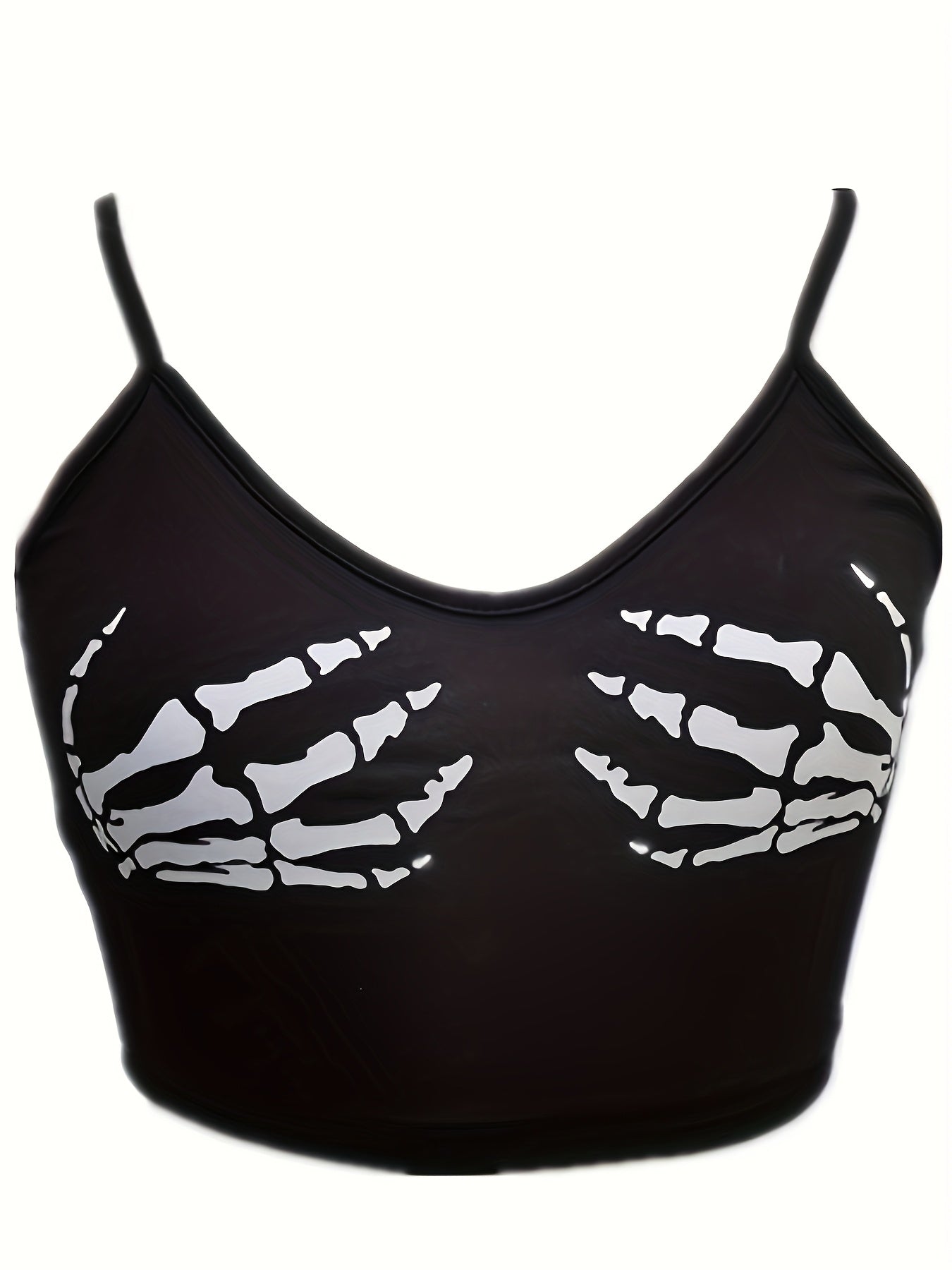 Women'S Sexy V-Neck Slingback Crop Top, Skull Hand Print, Knit Fabric, 95% Polyester 5% Spandex, All-Season, 180g/m², Polyester Knit Fabric, Sizes S-XL