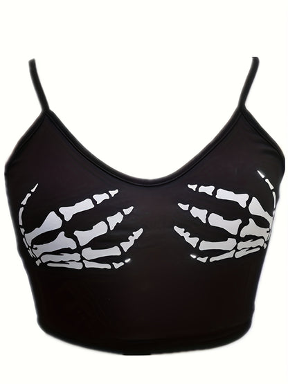 Women'S Sexy V-Neck Slingback Crop Top, Skull Hand Print, Knit Fabric, 95% Polyester 5% Spandex, All-Season, 180g/m², Polyester Knit Fabric, Sizes S-XL