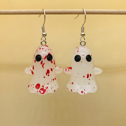 1 Pair Halloween Glow-in-the-Dark Ghost Earrings - Gothic Resin Dangle Earrings with Red Irregular Dot Design, Random Size & Position for Women, Halloween Party & Casual Attire, Festive Accessories, Glowindark Feature, Durabl