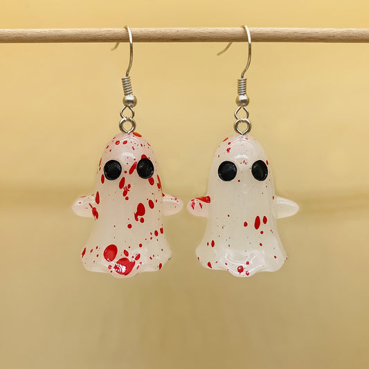 1 Pair Halloween Glow-in-the-Dark Ghost Earrings - Gothic Resin Dangle Earrings with Red Irregular Dot Design, Random Size & Position for Women, Halloween Party & Casual Attire, Festive Accessories, Glowindark Feature, Durabl