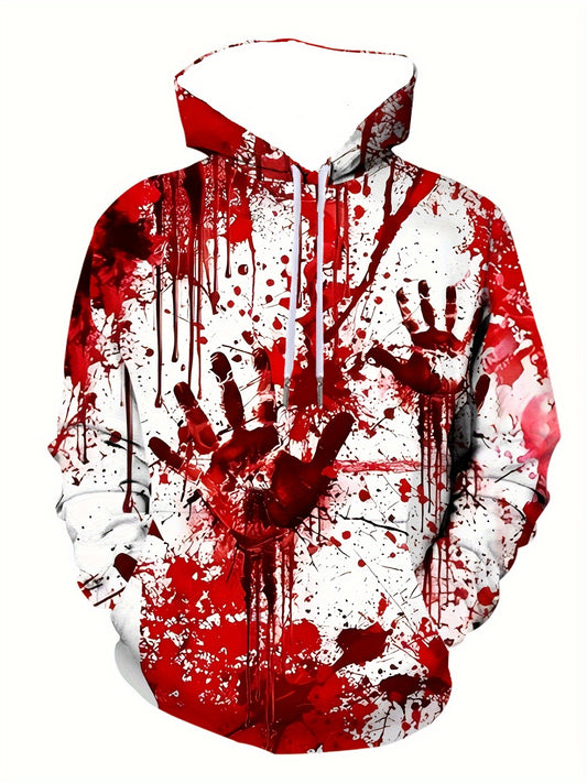 Men's 3D Graphic Print Hooded Sweatshirt with Red Palm & Blood Splatter Design - Edgy Gothic Streetwear Pullover, White & Red Colorblock, Machine Washable Long Sleeve Casual Winter Hoodie for Men, PLUS SIZE