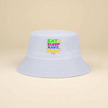 1pc Trendy Streetwear Bucket Hat with Bold "EAT RAVE REPEAT" Graphic Print - Black Unisex Summer Hat for Outdoor Camping Hiking Fishing, Adjustable Comfort Fit, Camping Gear, Festival Accessory, Street Fashion, Breathable Fab