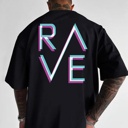 Men'S Casual Loose Fit Crew Neck T-Shirt with "RAVE" Graphic Print - Vibrant Neon Letter Design, Short Sleeve, Summer Essentials, Perfect Gift for Music Lovers, Everyday Tshirt | Vibrant Graphic Tee | Comfortable Fit, PLUS SI