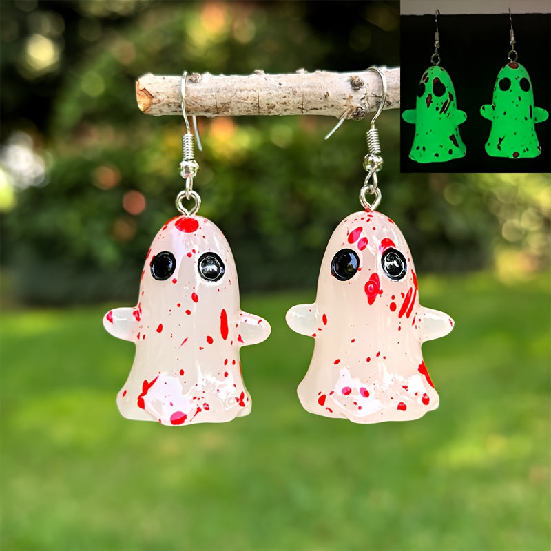 1 Pair Halloween Glow-in-the-Dark Ghost Earrings - Gothic Resin Dangle Earrings with Red Irregular Dot Design, Random Size & Position for Women, Halloween Party & Casual Attire, Festive Accessories, Glowindark Feature, Durabl