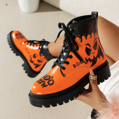 Trendy Plus Size Women's Halloween Print Lace-Up Boots - Thick Low Heel Round Toe PU Cover Short Boots with Rubber Sole, All-Season Comfort for Casual & Festive Occasions