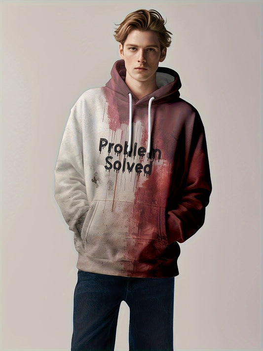 Men'S 3D Halloween Print Hoodie - "Problem Solved" Graphic, Red & Gray, Casual Streetwear with Drawstring Hood, Perfect Gift for Relatives, Siblings, or Friends, Halloween Clothes