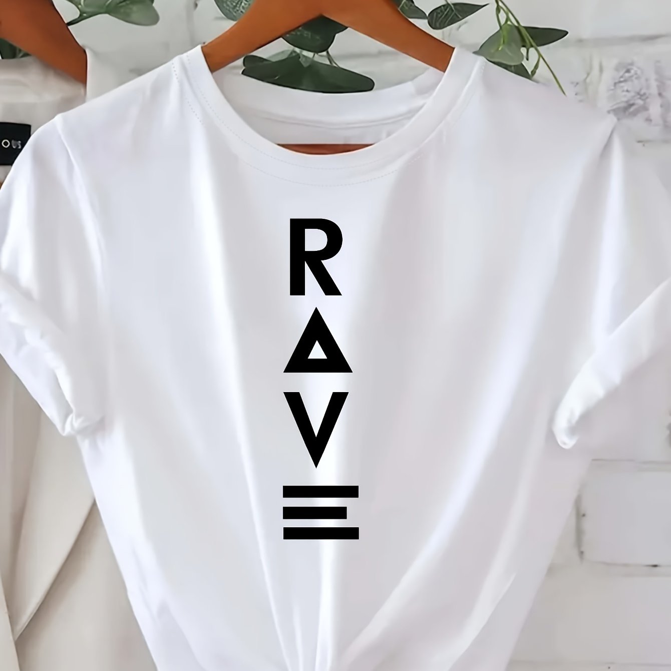 Women's Casual Short Sleeve T-Shirt - Black with Vertical White RAVE Print, Relaxed Fit Round Neck, Machine Washable All-Season Comfort Top, Rave Clothing, Classic Round Neck, Nontransparent Fabric