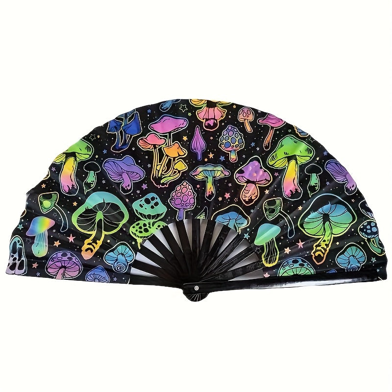 33.02cm UV Glow Carnival Folding Fan - Vibrant Neon Mushroom & Butterfly Design, Durable Plastic, Perfect for Parties, Festivals, and Gifts, Handheld & Button Operated, Festive Accessory | Glow Party Fan | Durable Plastic Fan