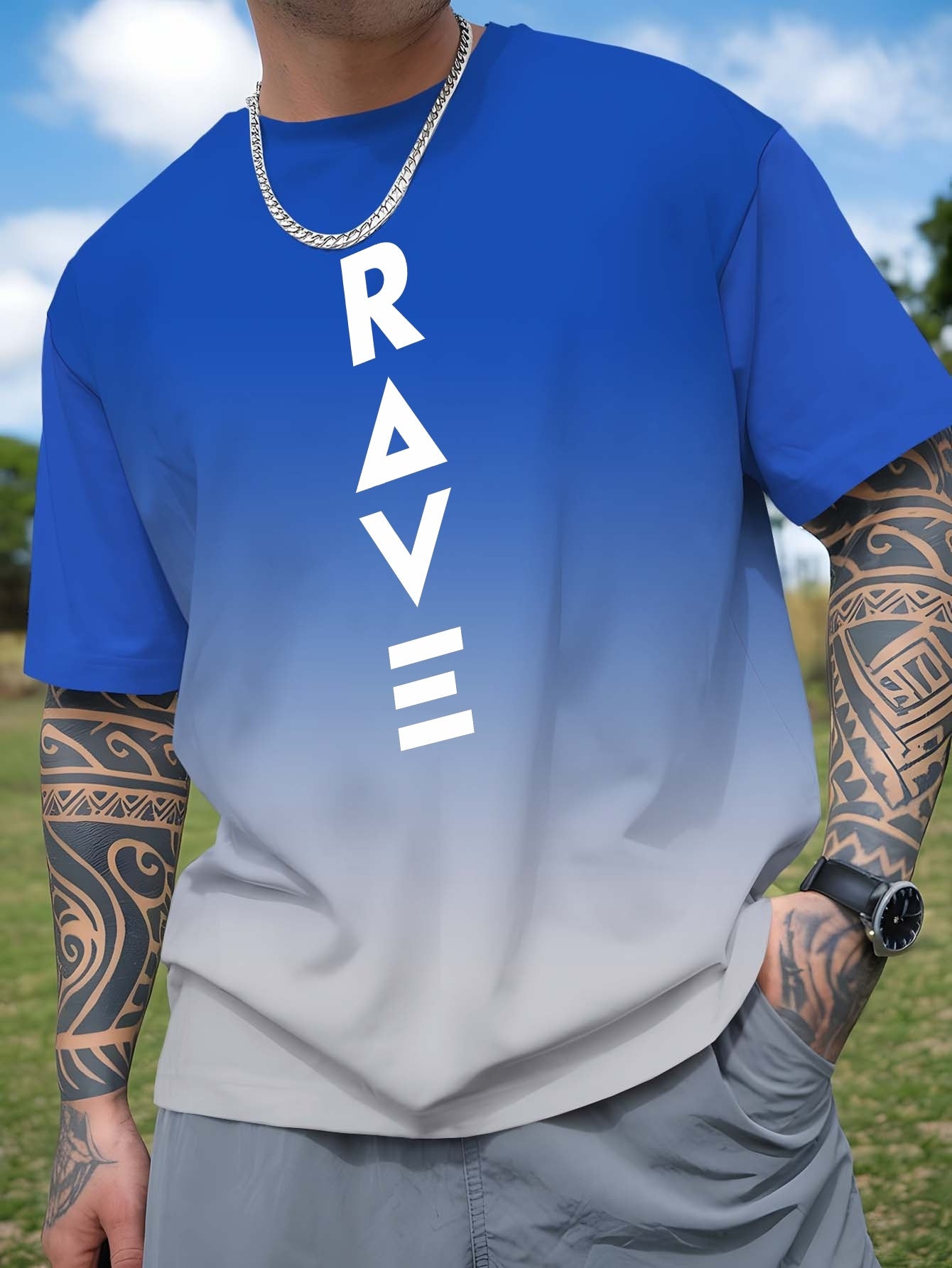 Men's Gradient Rave Graphic T-Shirt - Ice Silky Breathable, Quick-Dry, Round Neck, Short Sleeve, Casual Summer Tee in Vibrant Orange to Black Ombre Design