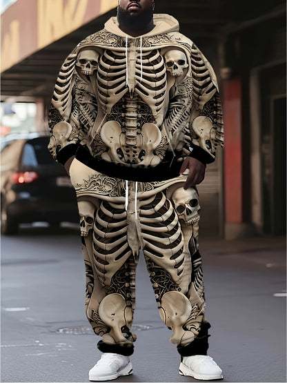 Men's Large Size Skull Pattern 3D Print Street Fashion Casual Hoodie and Pants Set Hoodie and Sweatpants 2pcs Set Suitable for Autumn and Winter Street Outdoor Daily Use as a Gift, PLUS SIZE