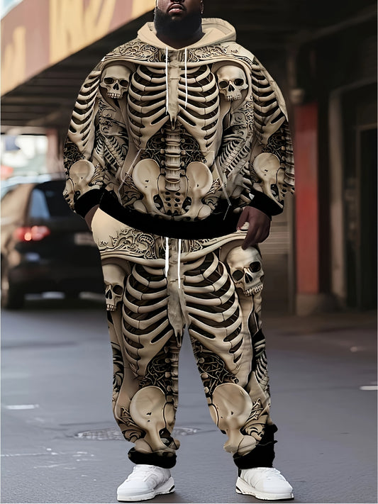 Men's Large Size Skull Pattern 3D Print Street Fashion Casual Hoodie and Pants Set Hoodie and Sweatpants 2pcs Set Suitable for Autumn and Winter Street Outdoor Daily Use as a Gift, PLUS SIZE