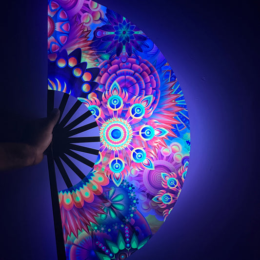 Large Fluorescent Kung Fu Folding Fan - Vibrant Multicolor Feather Design, Foldable Battery-Free Fan for EDM Festivals, Drag Queen Performances, Parties & Events