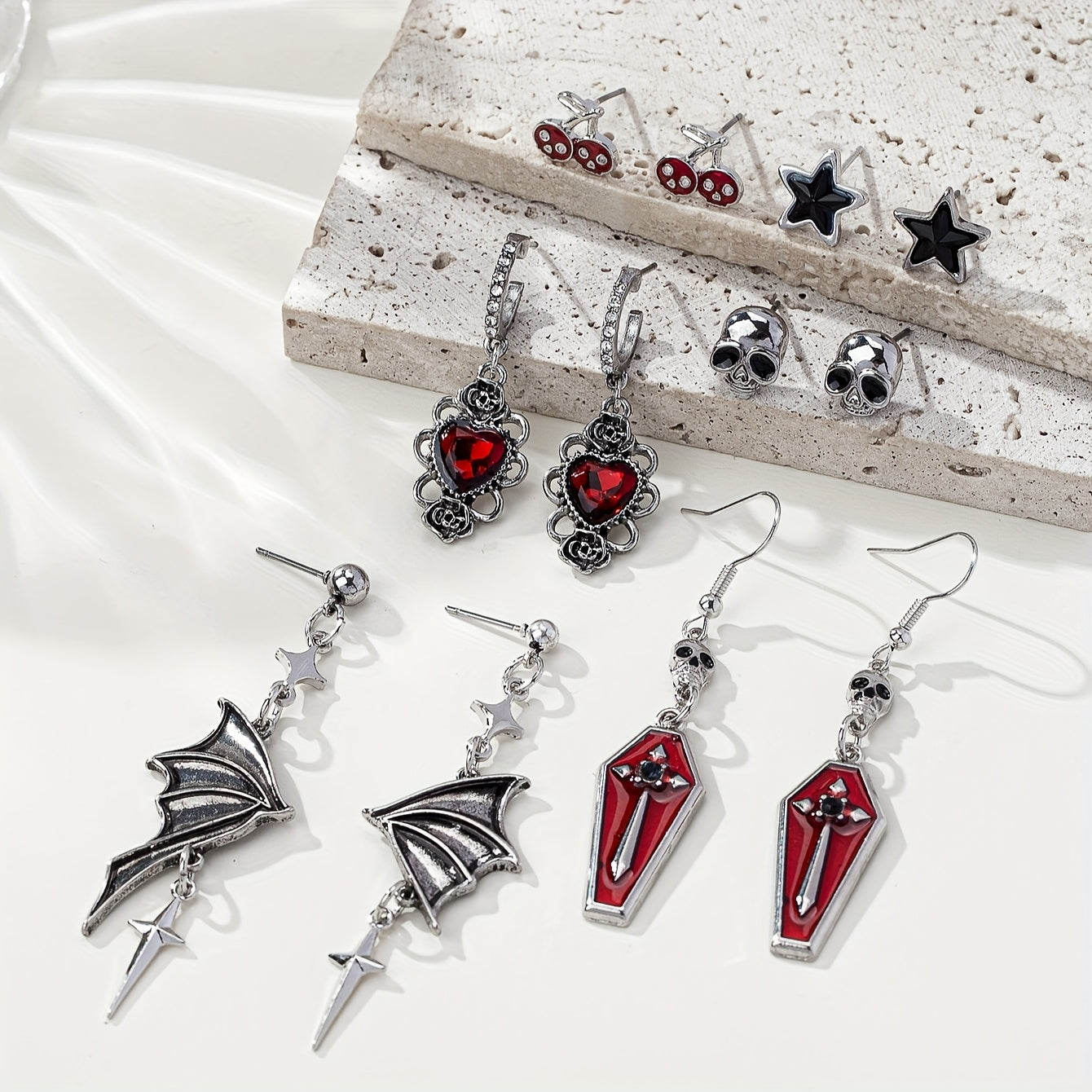 [Gothic Halloween Earrings] Gothic Skull Rose Bat Wing Coffin Halloween Earring Set - Six-Pair Five-Star