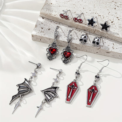 [Gothic Halloween Earrings] Gothic Skull Rose Bat Wing Coffin Halloween Earring Set - Six-Pair Five-Star