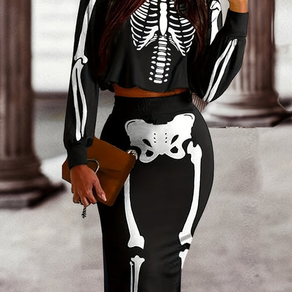 [Halloween Skull Print Set] Halloween Women's Autumn and Winter Skull Print Half Dress Set | Round Neck Long Sleeve Crop Top + Butt-Hugging Bodycon Skirt, Perfect for Casual Wear Halloween Party A776-2
