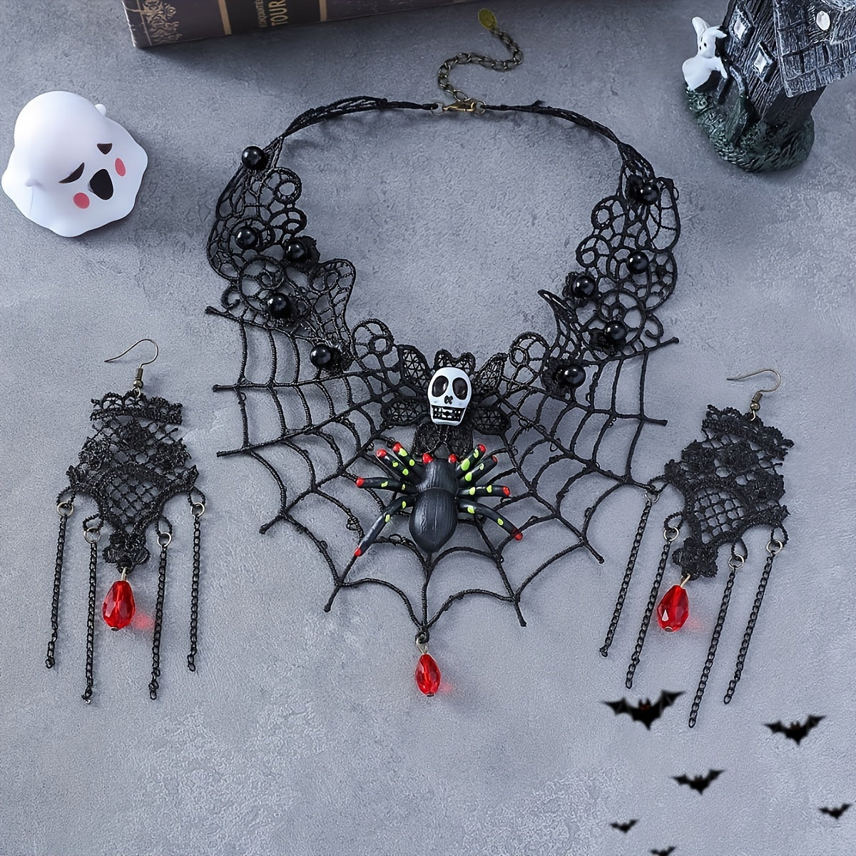 Gothic Punk Handcrafted Halloween Jewelry Set - 3 Piece Black Lace Spider Web Skull Choker and Earrings, Unique No Plating Polyester Accessory for Women, Perfect for Daily Wear and Festival Celebrations