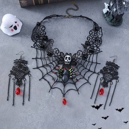 Gothic Punk Handcrafted Halloween Jewelry Set - 3 Piece Black Lace Spider Web Skull Choker and Earrings, Unique No Plating Polyester Accessory for Women, Perfect for Daily Wear and Festival Celebrations