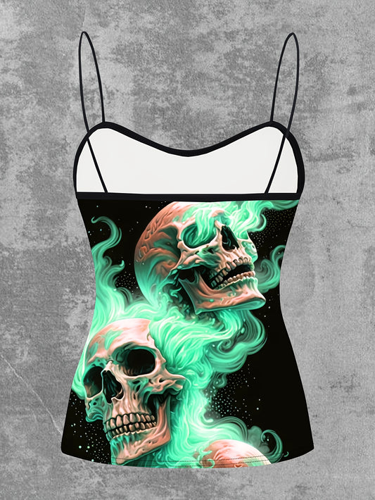 Women's Gothic Pink Flame Skull Graphic Cami Top - Elegant Sleeveless Spaghetti Strap Shirt, Machine Washable, Stretch Fabric, Perfect for Spring/Summer/Fall, Casual Wear | Edgy Chic | Medium Stretch