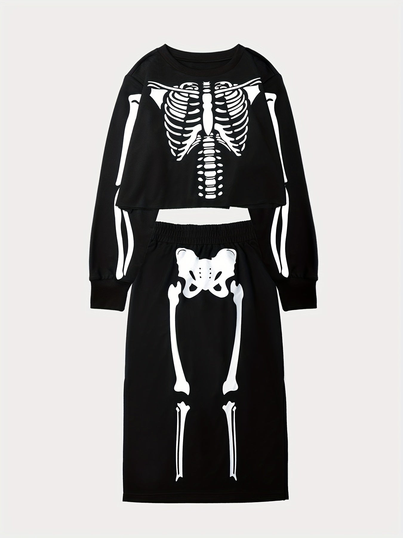 [Halloween Skull Print Set] Halloween Women's Autumn and Winter Skull Print Half Dress Set | Round Neck Long Sleeve Crop Top + Butt-Hugging Bodycon Skirt, Perfect for Casual Wear Halloween Party A776-2