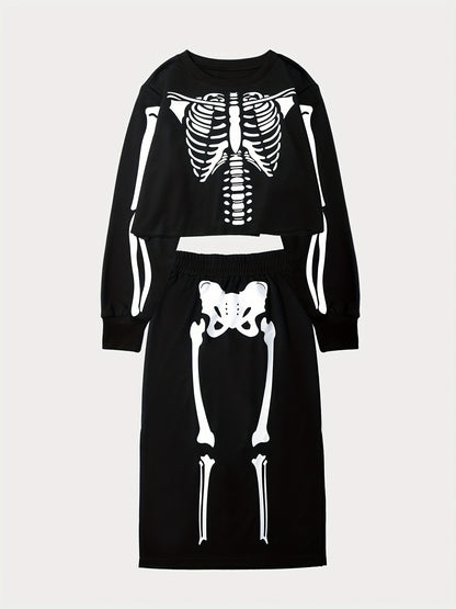 [Halloween Skull Print Set] Halloween Women's Autumn and Winter Skull Print Half Dress Set | Round Neck Long Sleeve Crop Top + Butt-Hugging Bodycon Skirt, Perfect for Casual Wear Halloween Party A776-2