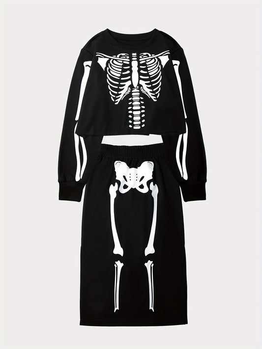 [Halloween Skull Print Set] Halloween Women's Autumn and Winter Skull Print Half Dress Set | Round Neck Long Sleeve Crop Top + Butt-Hugging Bodycon Skirt, Perfect for Casual Wear Halloween Party A776-2