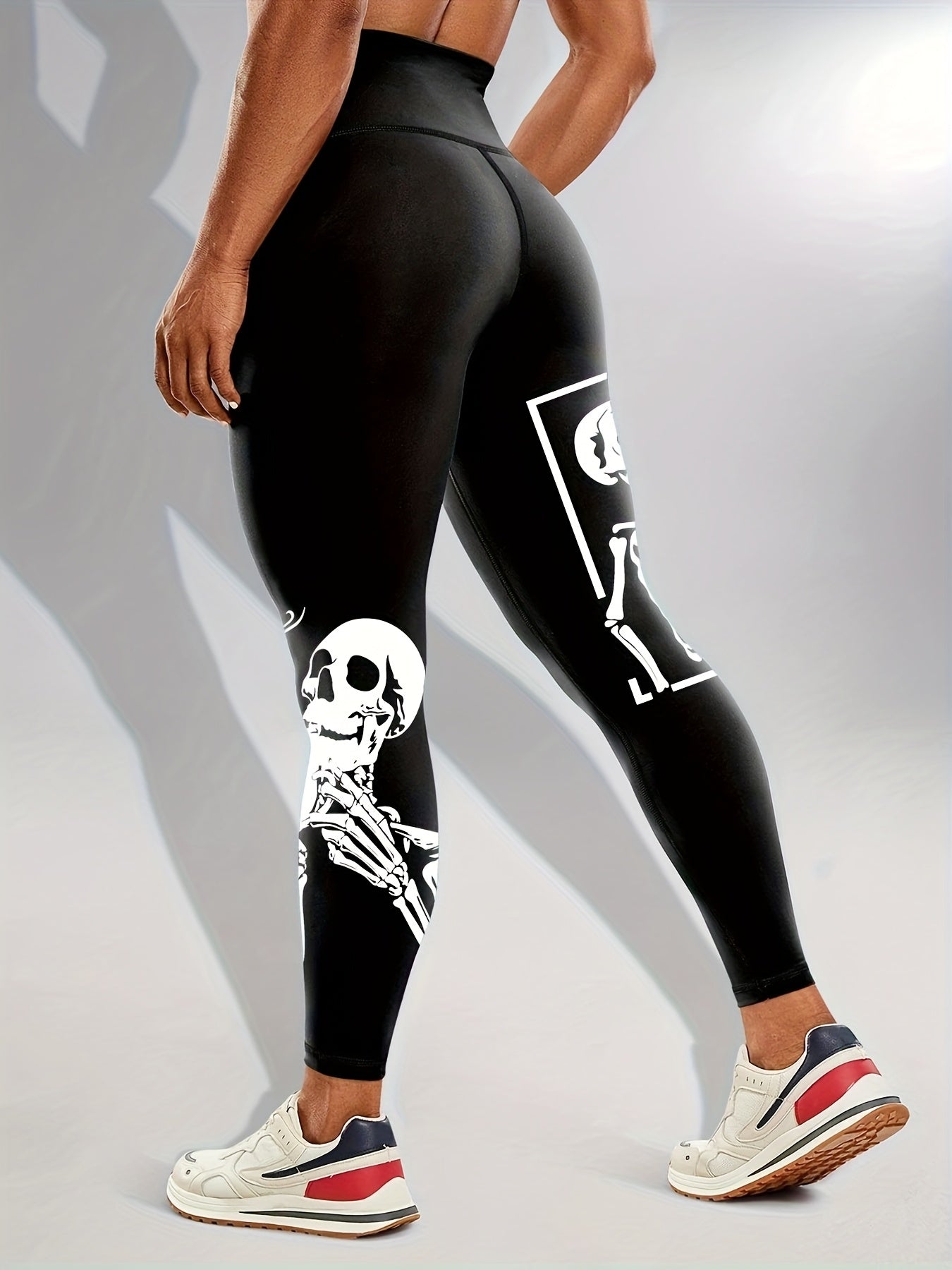 Women'S High-Waisted Stretchy Fitness Leggings with Glow-in-the-Dark Skull Print - Black, Elastic Waistband, Long Length for Running, Yoga & Halloween Party Wear, Yoga Pants, Halloween Leggings, Bold Graphic Pants, Highelasti