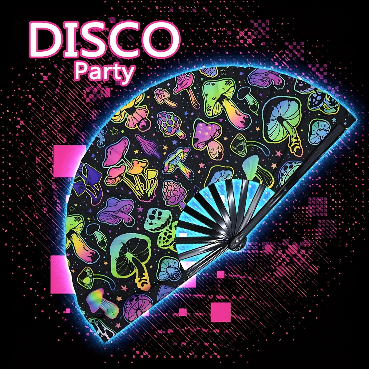 33.02cm Glow-in-the-Dark Mushroom Folding Fan - Vibrant Neon Psychedelic Design, Handheld PP Material for Parties, Raves, Halloween, Concerts, Cosplay & Themed Events - No Battery Needed, Mushroom Decor