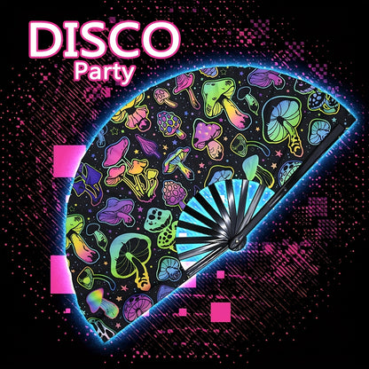 33.02cm Glow-in-the-Dark Mushroom Folding Fan - Vibrant Neon Psychedelic Design, Handheld PP Material for Parties, Raves, Halloween, Concerts, Cosplay & Themed Events - No Battery Needed, Mushroom Decor