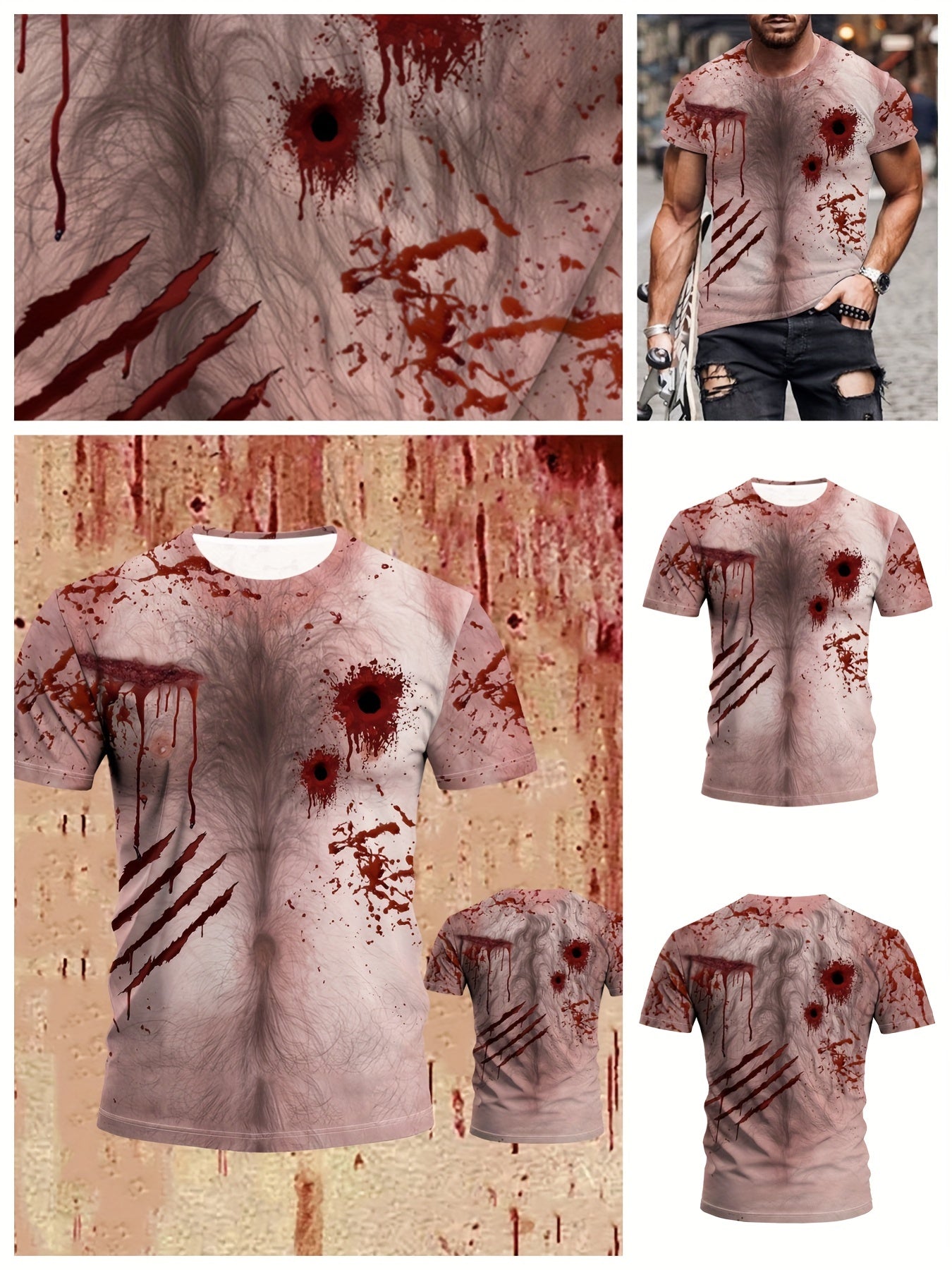 Men's Blood Splatter Print T-Shirt, Casual Round Neck Short Sleeve Tee, Halloween Party Top, Polyester, Regular Fit, Summer Fashion, Adult Unisex