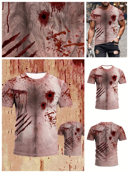 Men's Blood Splatter Print T-Shirt, Casual Round Neck Short Sleeve Tee, Halloween Party Top, Polyester, Regular Fit, Summer Fashion, Adult Unisex