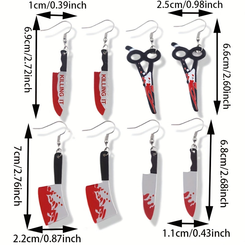 4 Pairs Halloween Blood Red Knife Earrings - Edgy Gothic Piercing looks, Lightweight Acrylic Statement Jewelry for Women, Halloween Party Costume Accessories, Everyday Goth Piercings - Gift for Horror Fans, Halloween Decorati