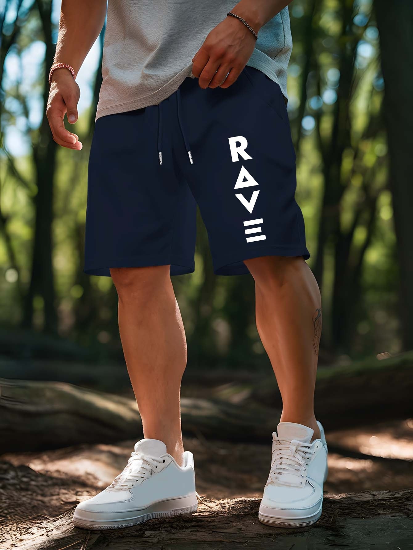 R V New Men's Summer Casual Shorts with RAVE Letter Print - Light Grey Regular Fit Outdoor Sports & Beach Vacation Shorts, American Fashion Trendy Lightweight Comfortable Design, Beach Vacation Apparel | Fashionable Casualwea