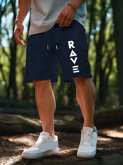 R V New Men's Summer Casual Shorts with RAVE Letter Print - Light Grey Regular Fit Outdoor Sports & Beach Vacation Shorts, American Fashion Trendy Lightweight Comfortable Design, Beach Vacation Apparel | Fashionable Casualwea