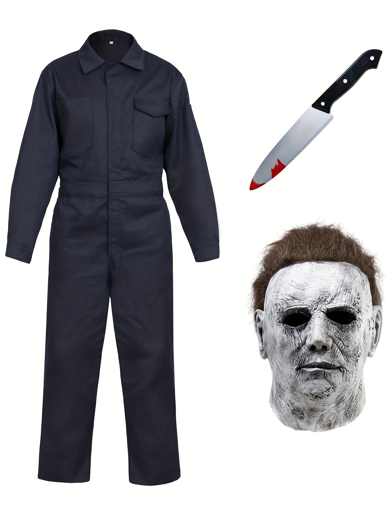 Men's Horror Movie Costume - Full Zipper Closure Work Overalls Jumpsuit, Halloween Jason Voorhees Outfit, Navy Blue Cosplay Suit for Themed Parties & Horror Events - Easy-to-Wear One-Piece Apparel, Easy Maintenance Clothing