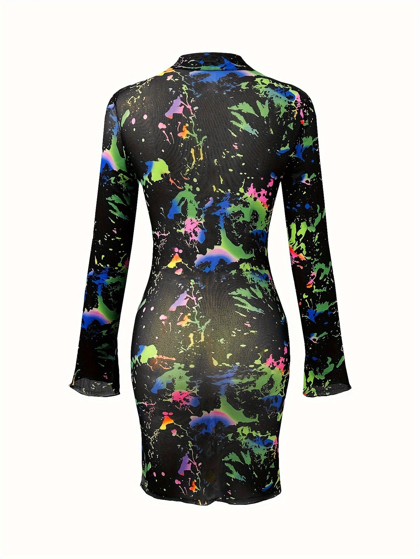 Women's Sexy Semi-Sheer Mesh Long Sleeve Dress - Colorful Paint Splatter Print, High Elasticity Bodycon Fit with Side Slit, Machine Washable All-Season Party & Casual Outfit, Evening Wear
