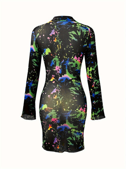 Women's Sexy Semi-Sheer Mesh Long Sleeve Dress - Colorful Paint Splatter Print, High Elasticity Bodycon Fit with Side Slit, Machine Washable All-Season Party & Casual Outfit, Evening Wear