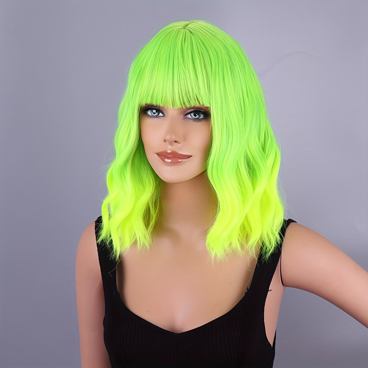 Women's fluorescent green short-wave wig with bangs Loose Wave wig Bob Curly wave synthetic cosplay wig suitable for girls colorful costume wig
