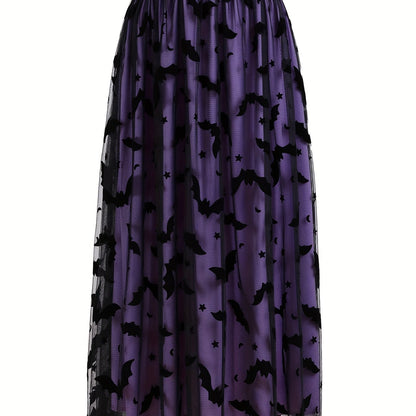 Plus Size - Elegant Plus Size Purple Tulle Skirt with Black Bat Print - Mid-Length, Flowy Design, Perfect for Casual or Formal Occasions, Formal Occasion Skirt | Bat Print Skirt | Polyester Fabric