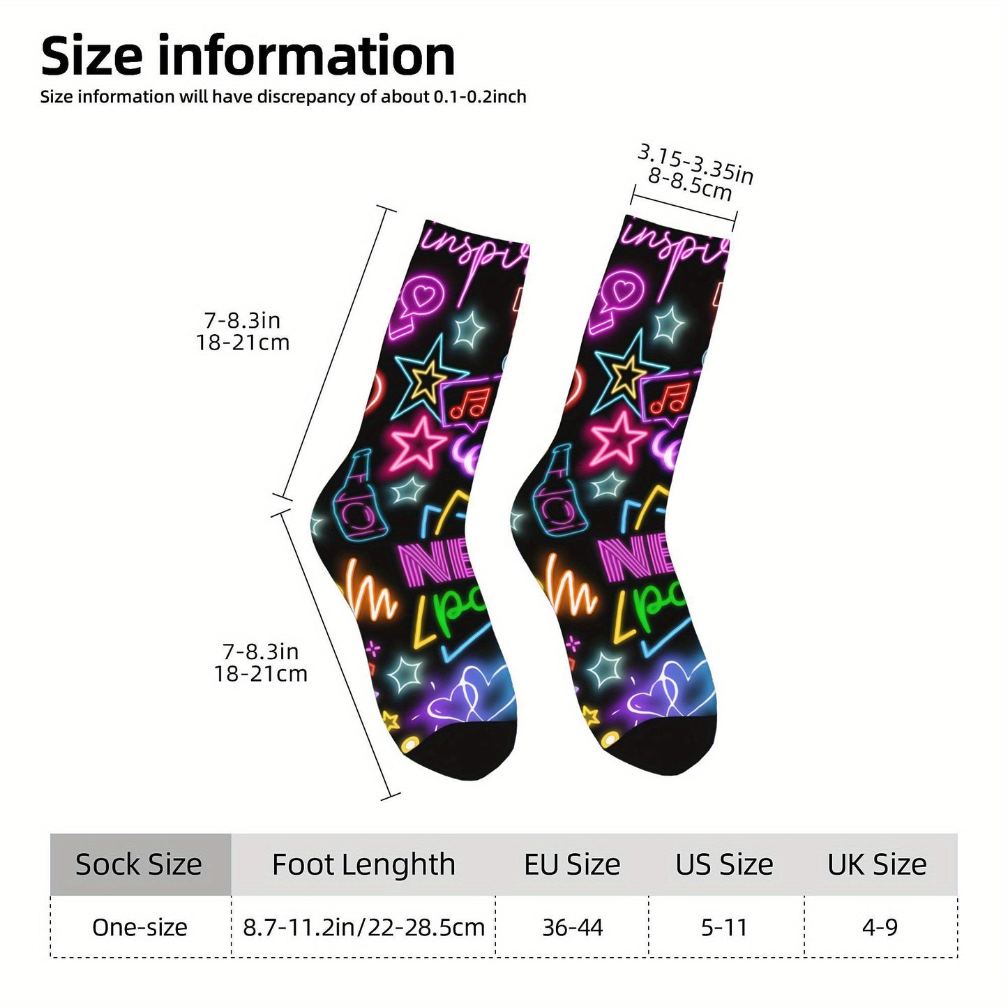 1 Pair Men'S Neon Style Compression Socks, Vintage Harajuku Hip Hop Novelty Pattern, Polyester & Elastane, Hand Wash or Dry Clean, Random Printed Crew Socks, Gift Idea