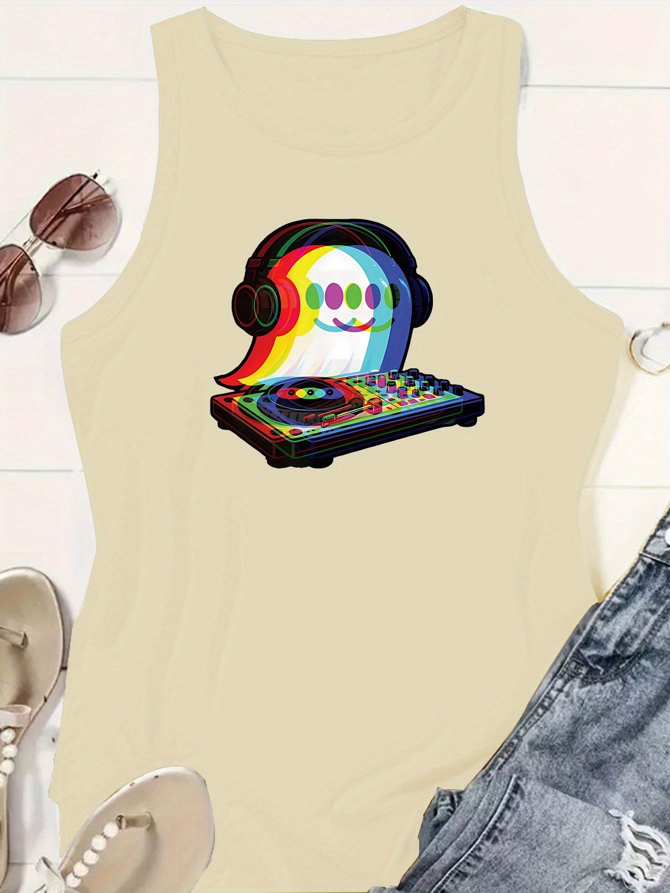 Women's Casual Sleeveless Tank Top with DJ Music Graphic Print - EDM Rave-Inspired Acid House & Psychedelic Pop Design, Stretchy Comfort Fit, Machine Washable for Clubbing, Festivals & Casual Attire, Ladies Tank Tops, Festiva