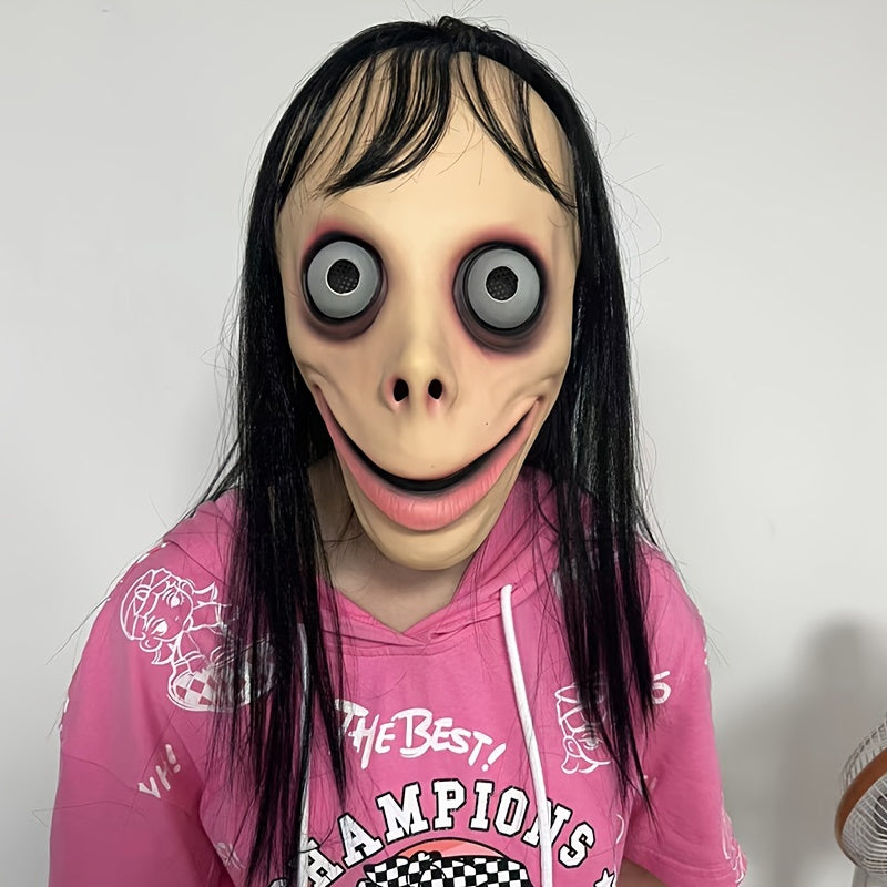 1pc MOMO Mask for Adult Horror Devil Mask with Long Hair, Scary Costume Halloween Creepy Cosplay Party Decoration Prop