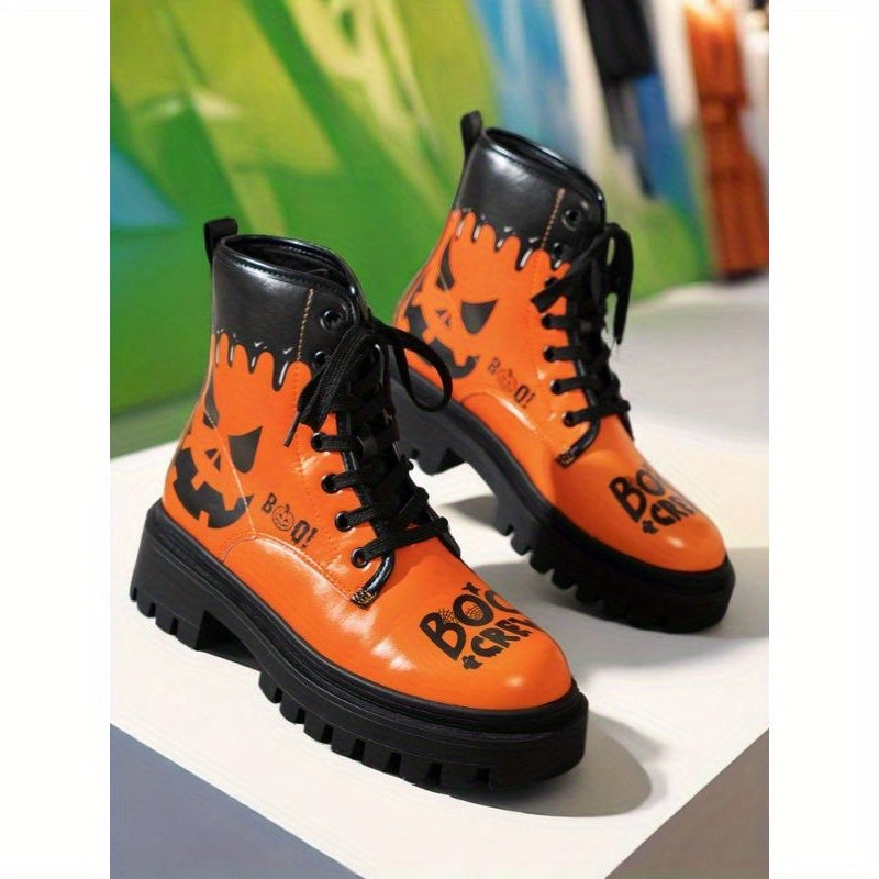 Trendy Plus Size Women's Halloween Print Lace-Up Boots - Thick Low Heel Round Toe PU Cover Short Boots with Rubber Sole, All-Season Comfort for Casual & Festive Occasions