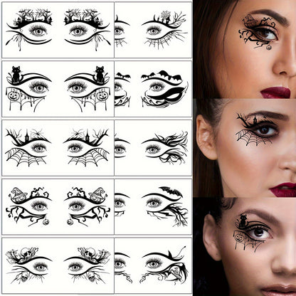 10-Pack Halloween Eye Tattoo Stickers, Skull Pumpkin Cat Bat Spider Web Designs, Festive Party Funny Face Makeup Temporary Tattoo Stickers, Oblong Shape