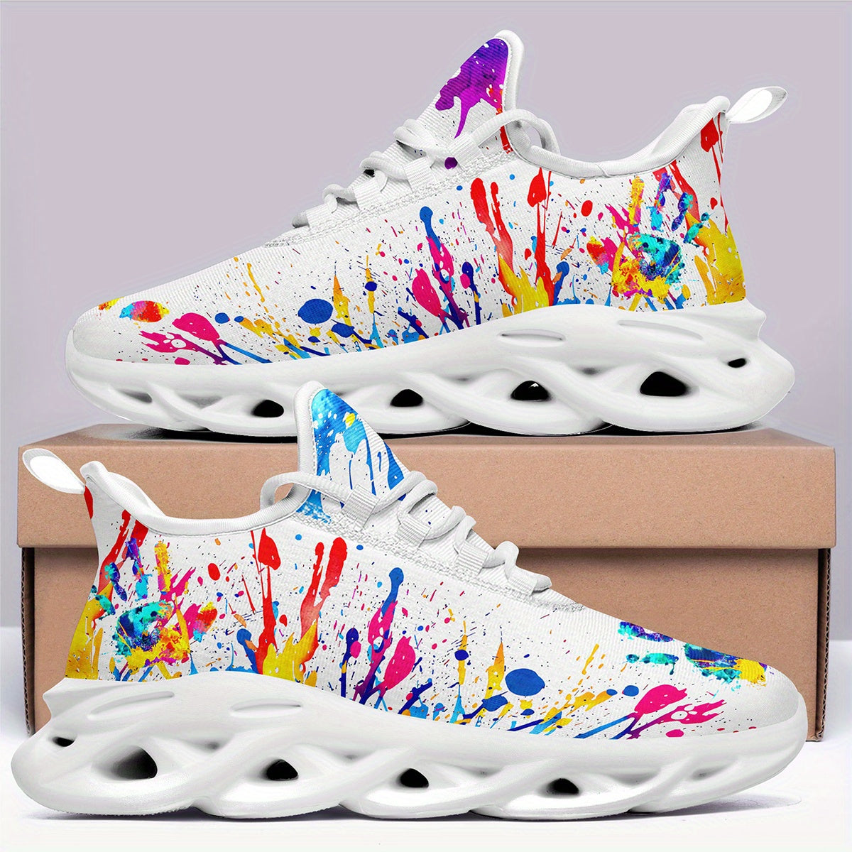Men'S Fashion Casual Sneakers with Colorful Splatter Design - Ultra-Light Twist Sole, Comfortable Trainers for Running, Travel & Streetwear | Trendy Low-Top Lace-Up Shoes in Black with Vibrant Splash Pattern, All-Season Wear,