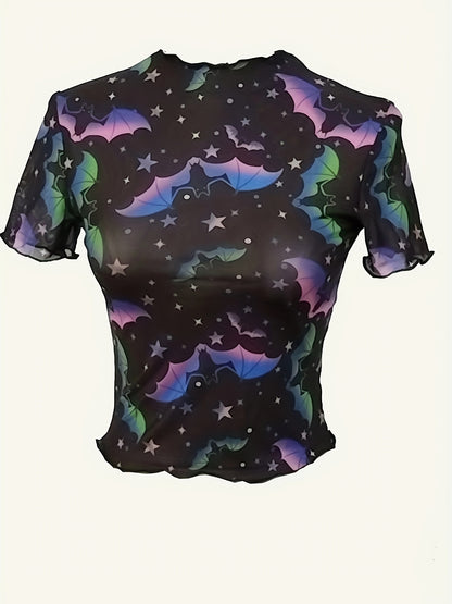 Stylish Bat Print T-Shirt Women's Short Sleeve Round Neck Blouse Spring/Summer New Versatile Women's Tee Sheer Mesh Crop Top No Underwear Included