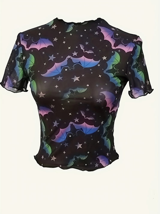 Stylish Bat Print T-Shirt Women's Short Sleeve Round Neck Blouse Spring/Summer New Versatile Women's Tee Sheer Mesh Crop Top No Underwear Included