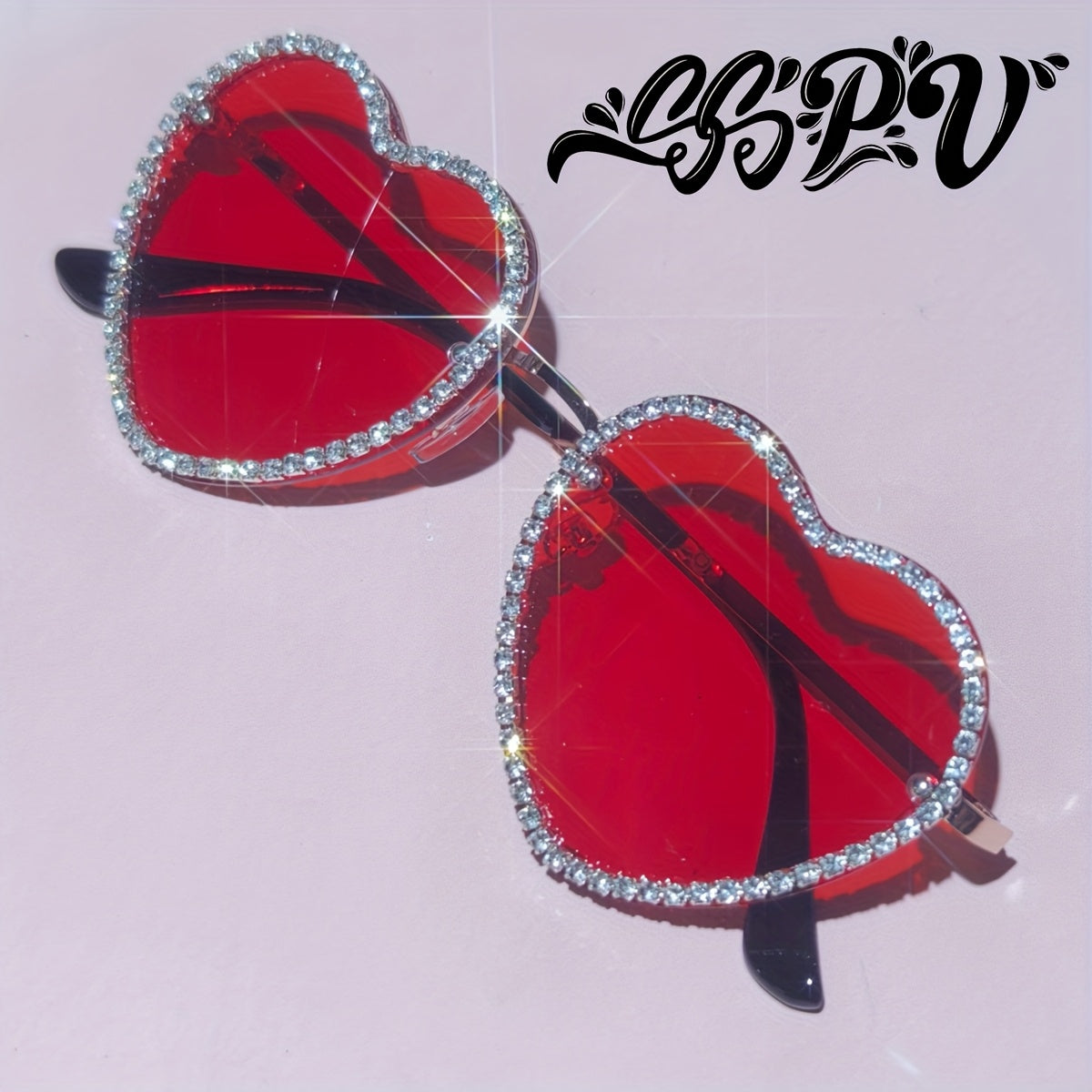 SSPV Rhinestone Heart Fashion Glasses - Sparkling Love-Shaped Shades in Multiple Colors, Glittery Gradient Lenses with Black Frames, Perfect for Festivals, Parties & Fashion Accessories, Party Eyewear, Rhinestone Embellishmen